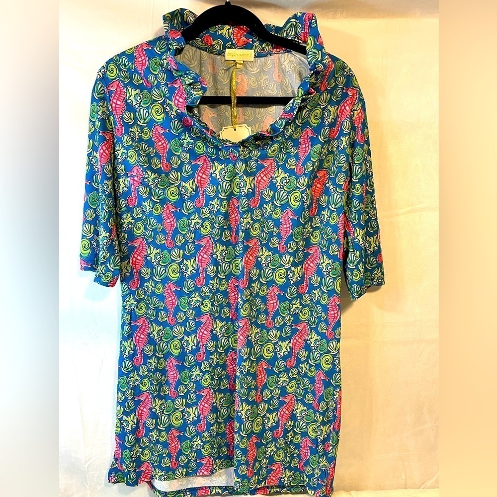 NWT Simply Southern Dress Size Medium Ruffle Collar Seahorse Seashells Print